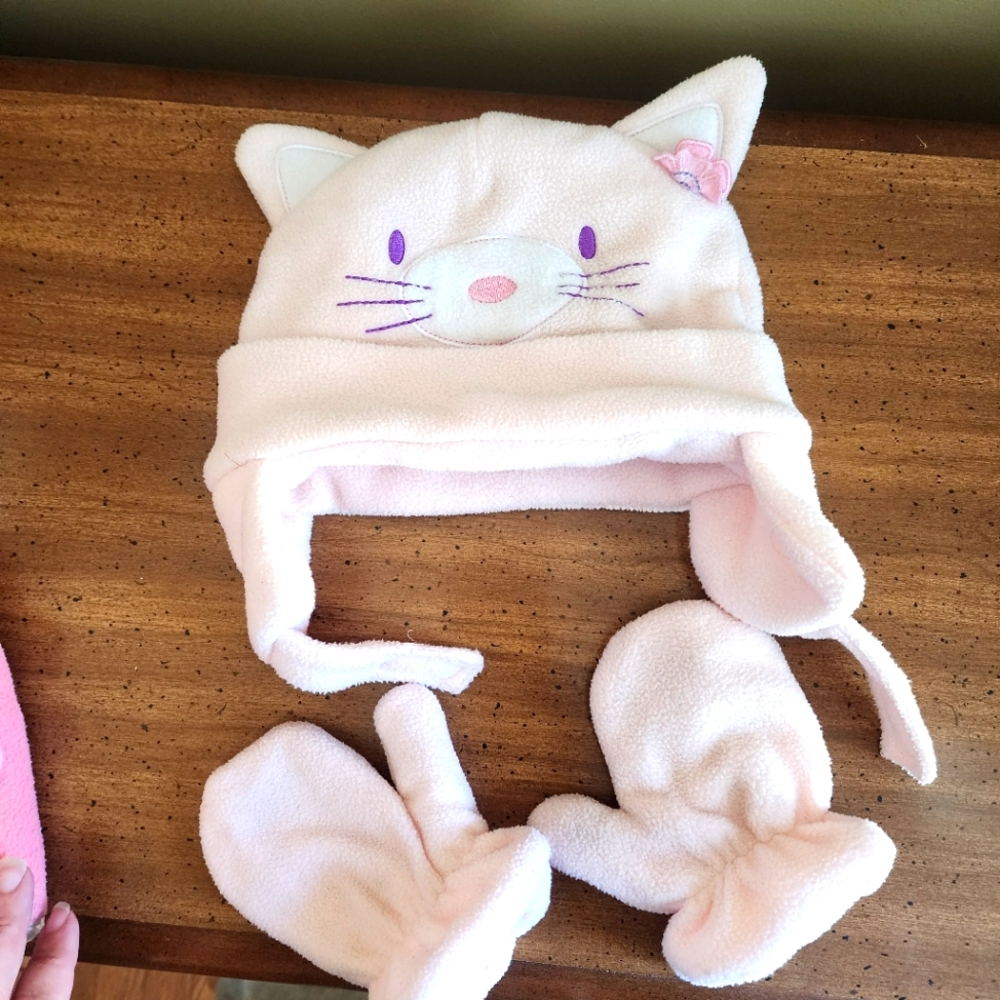 Toddler kitty pink fleece hat & mittens set